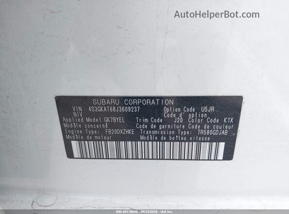 4S3GKAT68J3609237 2018 SUBARU IMPREZA White Вид підкапотного простору