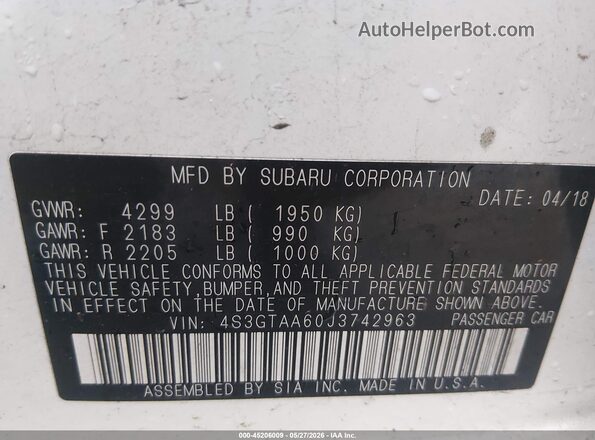 4S3GTAA60J3742963 2018 SUBARU IMPREZA White Շարժիչի բաժամունքի տեսք