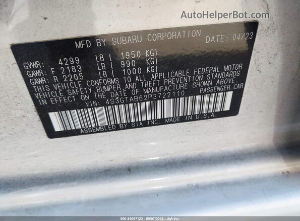 4S3GTAB62P3722110 2023 SUBARU IMPREZA White Vista del compartimento del motor