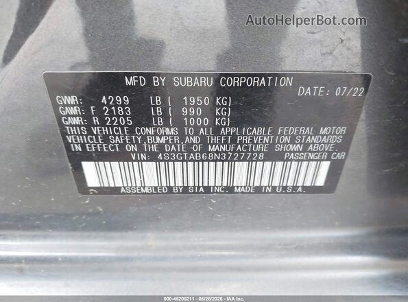 4S3GTAB68N3727728 2022 SUBARU IMPREZA Gray Vista del compartimento del motor