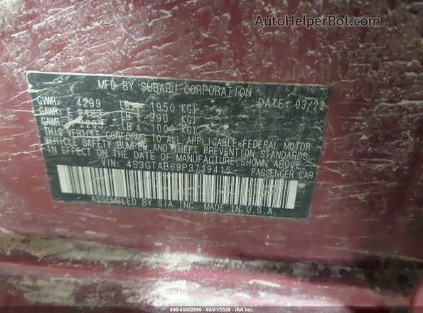 4S3GTAB69P3719415 2023 SUBARU IMPREZA Red ძრავის განყოფილების ხედი