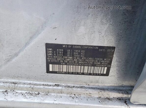 4S3GTAD61K3744590 2019 SUBARU IMPREZA Серебряный Вид наклейки с VIN-кодом