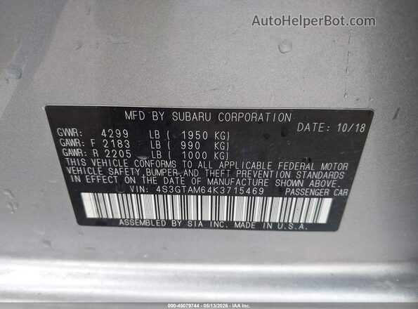 4S3GTAM64K3715469 2019 SUBARU IMPREZA Silver Engine compartment view