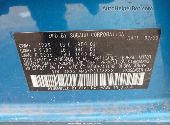 4S3GTAM64P3718833 2023 SUBARU IMPREZA Blue ძრავის განყოფილების ხედი