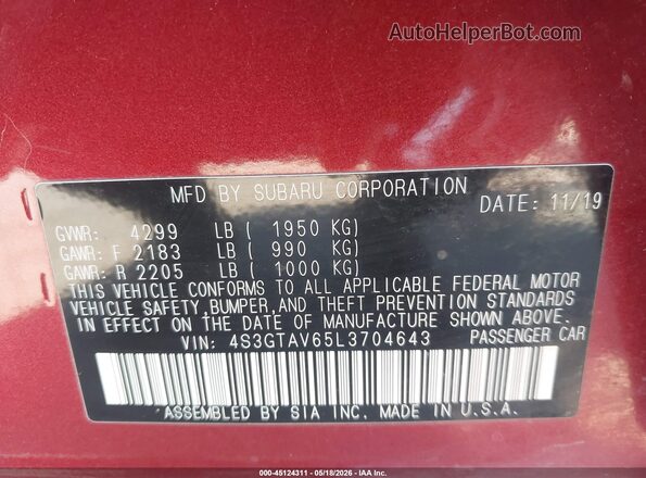 4S3GTAV65L3704643 2020 SUBARU IMPREZA Burgundy Engine compartment view