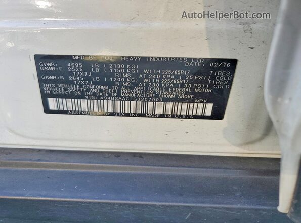 4S4BSAAC1G3307909 2016 SUBARU OUTBACK White VIN კოდის სტიკერის ხედი