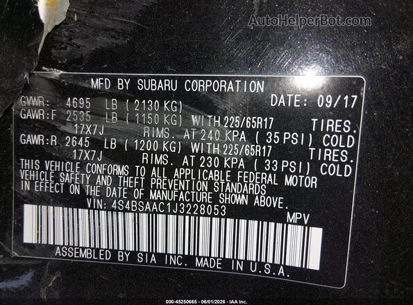 4S4BSAAC1J3228053 2018 SUBARU OUTBACK Black Вид підкапотного простору