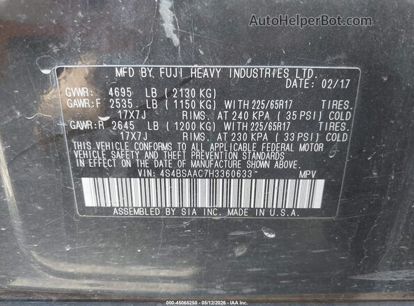 4S4BSAAC7H3360633 2017 SUBARU OUTBACK Black Вид підкапотного простору
