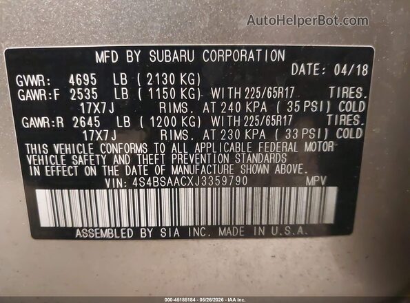 4S4BSAACXJ3359790 2018 SUBARU OUTBACK Champagne ძრავის განყოფილების ხედი