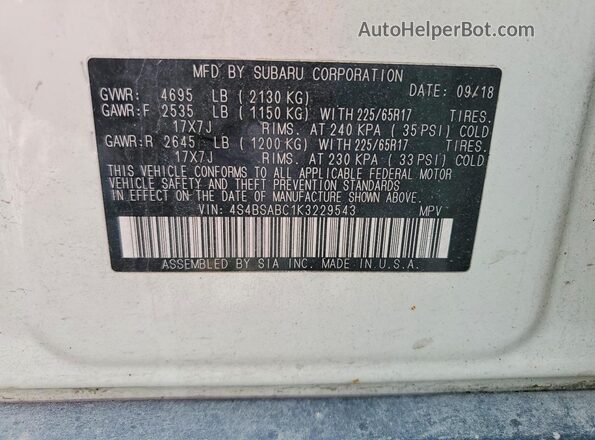 4S4BSABC1K3229543 2019 SUBARU OUTBACK White Widok naklejki z numerem VIN
