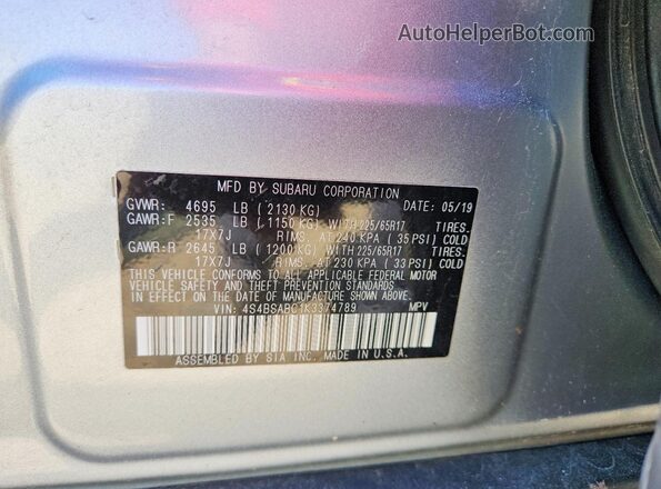 4S4BSABC1K3374789 2019 SUBARU OUTBACK Silver Vista del compartimento del motor