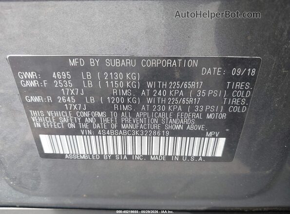 4S4BSABC3K3228619 2019 SUBARU OUTBACK Gray Вид підкапотного простору