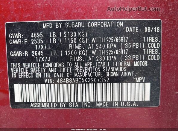 4S4BSABC5K3207352 2019 SUBARU OUTBACK Burgundy Engine compartment view
