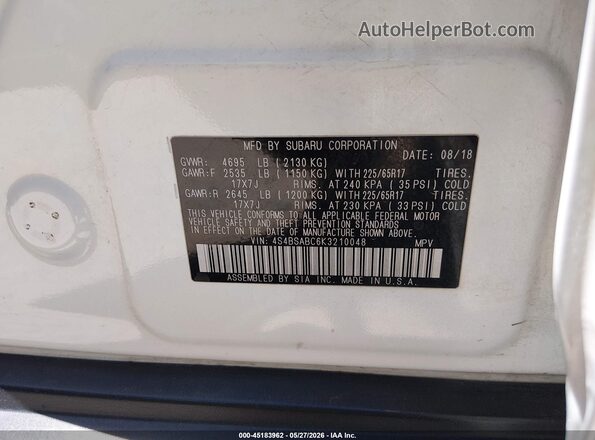 4S4BSABC6K3210048 2019 SUBARU OUTBACK White Շարժիչի բաժամունքի տեսք
