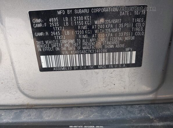 4S4BSABC7K3240286 2019 SUBARU OUTBACK Silver Widok komory silnika