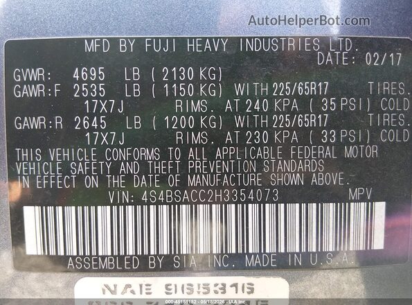 4S4BSACC2H3354073 2017 SUBARU OUTBACK Blue Vista del compartimento del motor