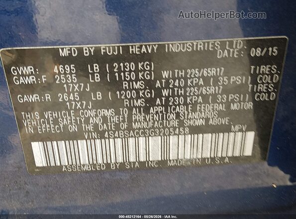 4S4BSACC3G3205458 2016 SUBARU OUTBACK Blue Вид підкапотного простору