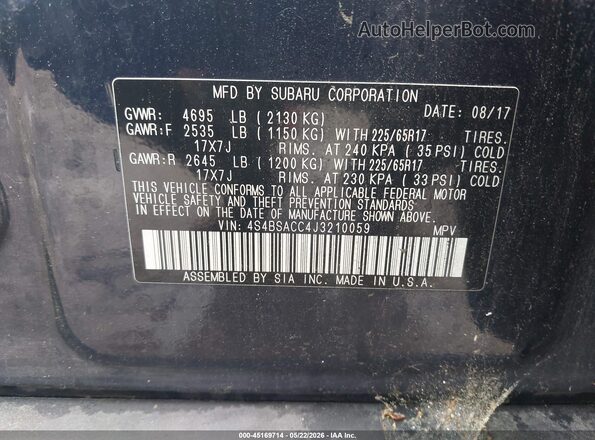 4S4BSACC4J3210059 2018 SUBARU OUTBACK Black 
