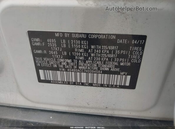 4S4BSACC7H3394584 2017 SUBARU OUTBACK White 