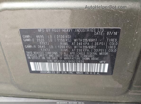 4S4BSACC8H3212620 2017 SUBARU OUTBACK Green Вид підкапотного простору