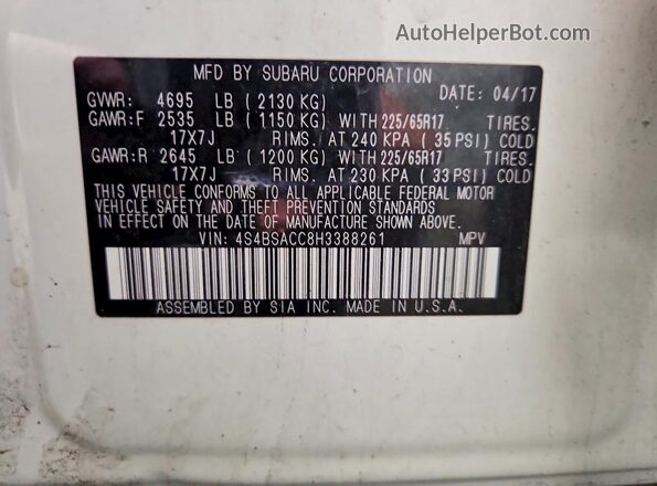 4S4BSACC8H3388261 2017 SUBARU OUTBACK White 