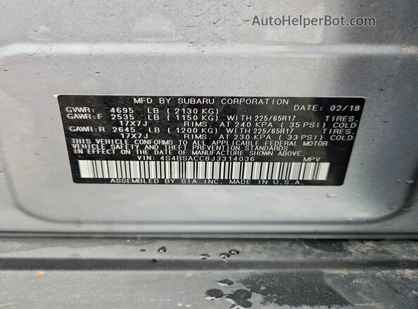 4S4BSACC8J3314036 2018 SUBARU OUTBACK Blue 
