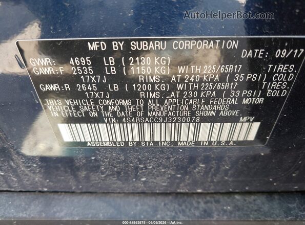 4S4BSACC9J3230078 2018 SUBARU OUTBACK Blue Vista del compartimento del motor