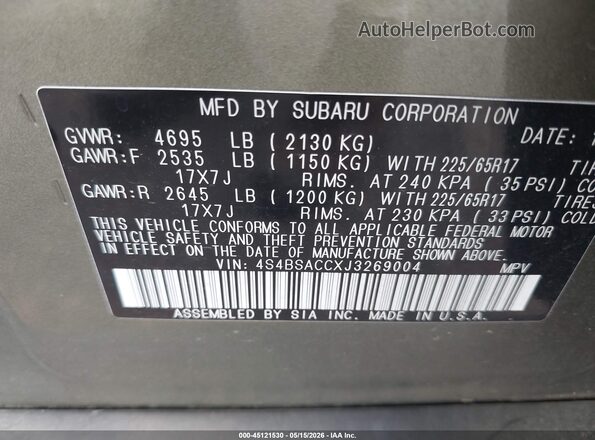 4S4BSACCXJ3269004 2018 SUBARU OUTBACK Green ძრავის განყოფილების ხედი