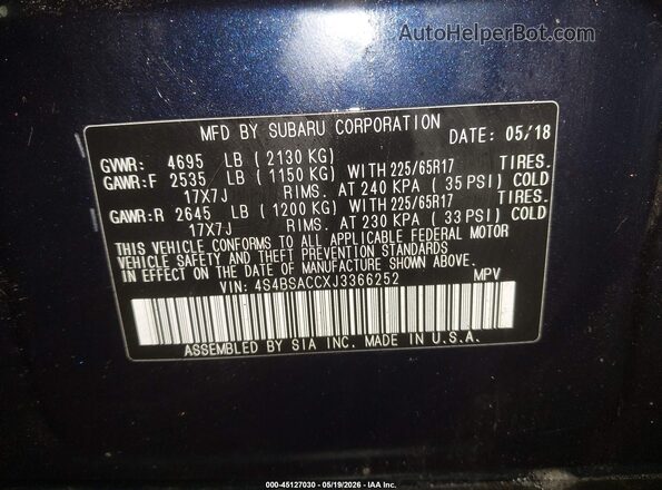 4S4BSACCXJ3366252 2018 SUBARU OUTBACK Blue 