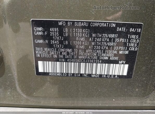 4S4BSADC0J3362354 2018 SUBARU OUTBACK Green 