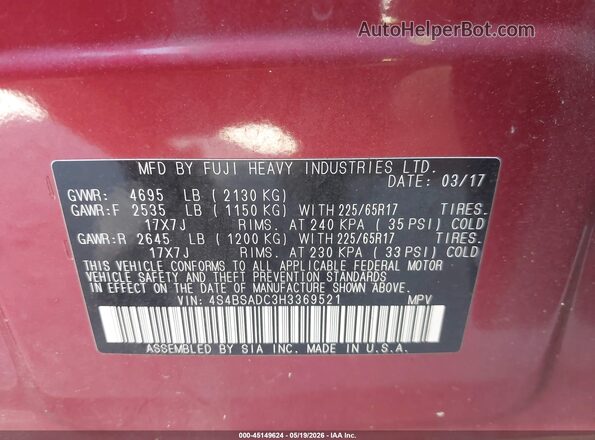 4S4BSADC3H3369521 2017 SUBARU OUTBACK Red 
