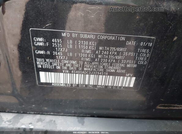 4S4BSADC3J3294518 2018 SUBARU OUTBACK Black Շարժիչի բաժամունքի տեսք