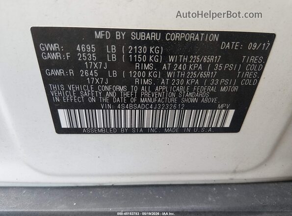 4S4BSADC4J3232612 2018 SUBARU OUTBACK White Vista del compartimento del motor