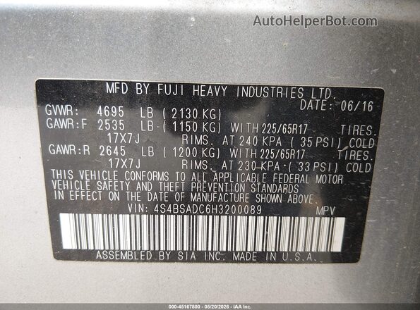4S4BSADC6H3200089 2017 SUBARU OUTBACK Silver Շարժիչի բաժամունքի տեսք