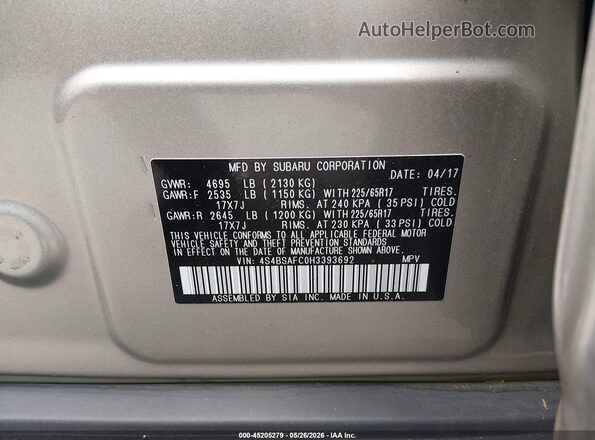 4S4BSAFC0H3393692 2017 SUBARU OUTBACK Silver ძრავის განყოფილების ხედი