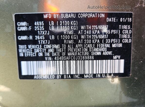 4S4BSAFC0J3289886 2018 SUBARU OUTBACK Green Vista del compartimento del motor