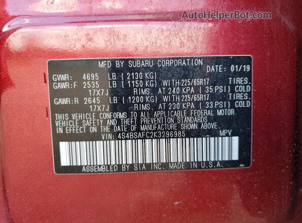 4S4BSAFC2K3296985 2019 SUBARU OUTBACK Red 