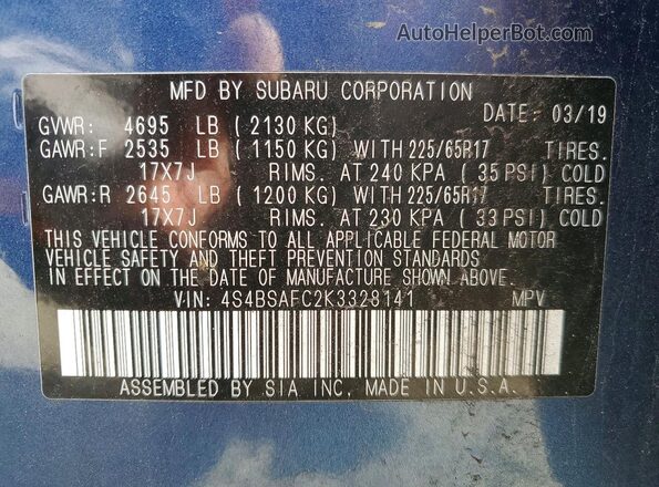 4S4BSAFC2K3328141 2019 SUBARU OUTBACK Blue 