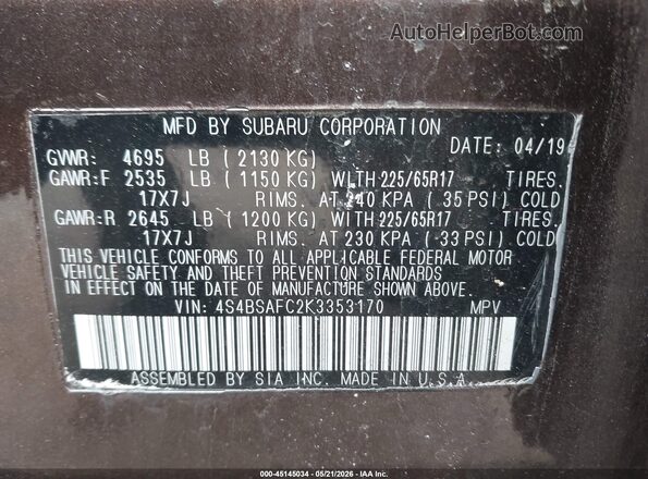 4S4BSAFC2K3353170 2019 SUBARU OUTBACK Brown 
