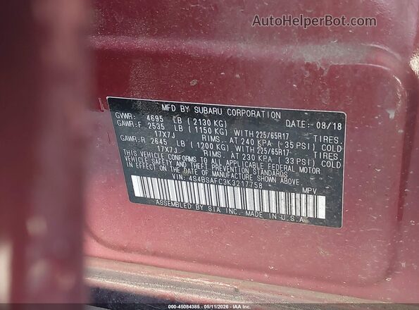4S4BSAFC3K3217758 2019 SUBARU OUTBACK Red ძრავის განყოფილების ხედი