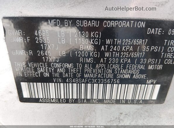 4S4BSAFC3K3356756 2019 SUBARU OUTBACK Серебряный Вид подкапотного пространства