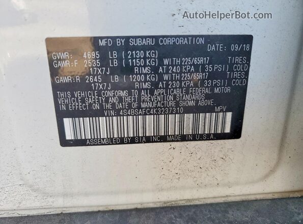 4S4BSAFC4K3237310 2019 SUBARU OUTBACK White 