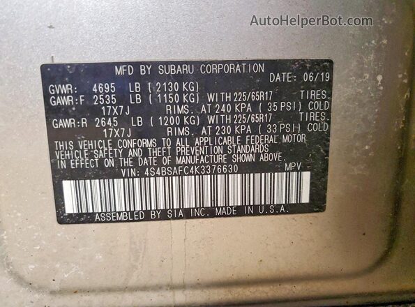 4S4BSAFC4K3376630 2019 SUBARU OUTBACK Tan Widok wnętrza 360 stopni