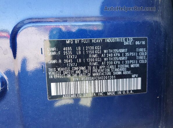 4S4BSAFC5H3201201 2017 SUBARU OUTBACK Синий Вид подкапотного пространства