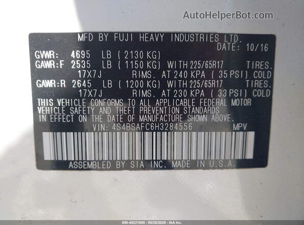 4S4BSAFC6H3284556 2017 SUBARU OUTBACK White Vista del compartimento del motor
