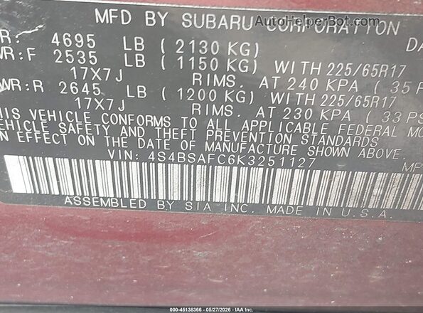 4S4BSAFC6K3251127 2019 SUBARU OUTBACK Maroon Շարժիչի բաժամունքի տեսք