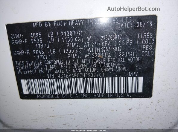 4S4BSAFC7H3237701 2017 SUBARU OUTBACK White 