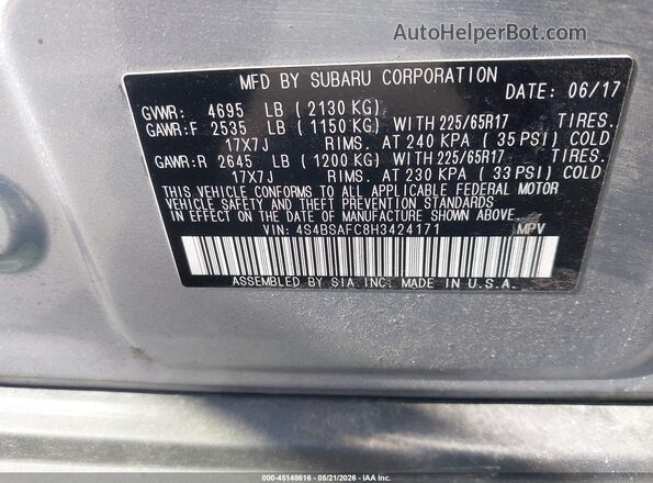 4S4BSAFC8H3424171 2017 SUBARU OUTBACK Серебряный 