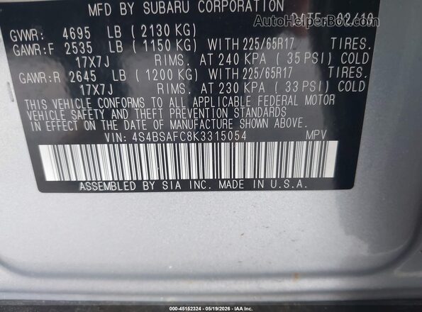 4S4BSAFC8K3315054 2019 SUBARU OUTBACK Silver Vista del compartimento del motor