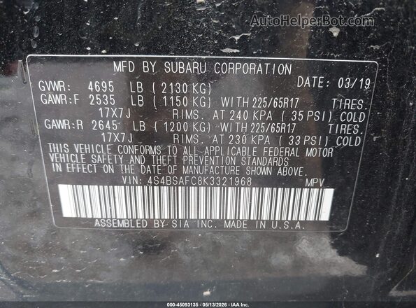 4S4BSAFC8K3321968 2019 SUBARU OUTBACK Black Vista del compartimento del motor